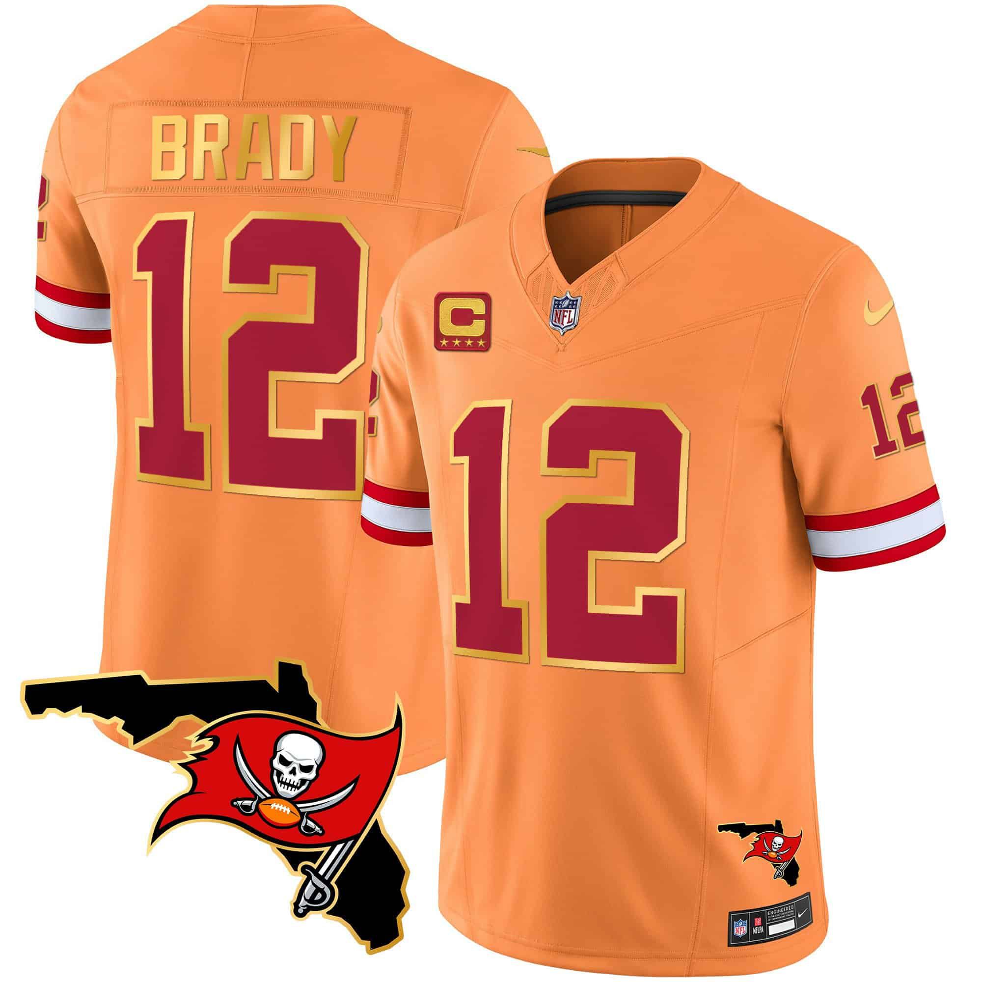 Men Tampa Bay Buccaneers 12 Brady Oragne 2024 Nike Florida Patch Gold Trim Vapor NFL Jersey